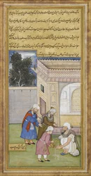 Al Fazl trayendo agua para Yahya Barmaki para sus abluciones, c. 1595