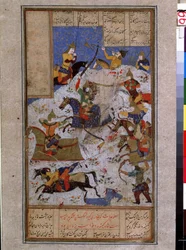 Arte islámico: batalla que opone los ejércitos de Kai Khosrow (Khosro) shah de Irán al de Touran. (La batalla entre iraníes y turanios en la época de Kai Khosrow) Tiree persa en miniatura de un manuscrito del poema épico ""Shahnameh"" (Shah Nama, Shah