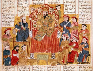 Arte islámico: Un sultán y su corte. Miniatura persa de un manuscrito del poema épico Shahnameh (Libro de los Reyes) de Ferdowsi. Alrededor de 1330. Museo Topkapi, Estambul