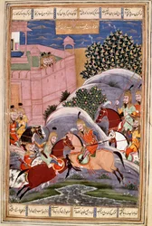 Arte islámico: “La lucha de Bijene contra Firoud” Miniatura persa de un manuscrito del poema épico “Shahnameh” (Shah Nama, Shahnama) (Libro de los Reyes) de Ferdowsi (Firdawsi, o Ferdowsi, o Firdousi, ca. 940-1020) (ms. 607) Chantilly, Museo Condé
