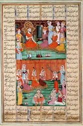 Arte islámico: Matrimonio de las tres hijas de Sero, rey de Yemen. Miniatura persa de un manuscrito del poema épico Shahnameh (Libro de los Reyes) de Ferdowsi (ca. 940-1020)