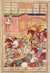 Arte islámico: “Sam lanza una flecha para defender un castillo encantado”. Miniatura persa de un manuscrito del poema épico “Shahnameh” (Libro de los Reyes) de Ferdowsi (ca. 940-1020)