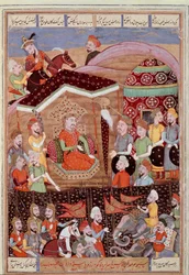Arte islámico: «Sohrab (Saharab) mira la tienda negra de los jefes del ejército persa». Miniatura persa de un manuscrito del poema épico «Shahnameh» (Shah Nama, Shahnama) (Libro de los Reyes) de Ferdowsi (Firdawsi, o Ferdawsi, o Firdousi, ca. 6