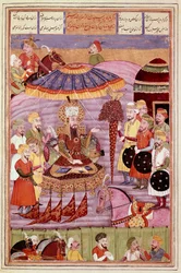 Arte islámico: Sohrab mira la tienda de Rostam. Miniatura persa de un manuscrito del poema épico Shahnameh (Libro de los Reyes) de Ferdowsi (ca. 940-1020)