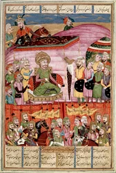 Arte islámico: “Sohrab (Saharab) se encuentra en la tienda de Roustam” Miniatura persa de un manuscrito del poema épico “Shahnameh” (Shah Nama, Shahnama) (Libro de los Reyes) de Ferdowsi (Firdawsi, o Ferdawsi, o Firdousi, ca. 940-1020) (ms. 607)