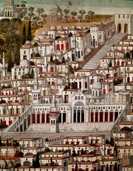 Arte islámico: vista de Damasco con la Gran Mezquita de los Omeyas de Damasco (705-715). Pintura siria anónima del siglo XVII. Siria, Damasco, Palacio Azem o Azm.
