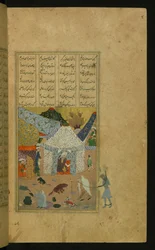 Majnun, encadenado, es llevado por la anciana a la tienda de Laylá