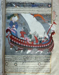 El arca de Noé navegando cerca de la Kaaba de La Meca inundada. Miniatura del manuscrito “Zubdat al Tawarikh” (Crema de Historias) por el historiador Seyyid Loqman Ashuri 1538. Museo de Arte Turco e Islámico, Estambul