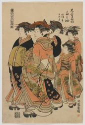 Modelos de moda: nuevos diseños como hojas jóvenes frescas: La cortesana Tagasode de Daimonjiya con Katsuru, Tomeki y asistentes, período Edo, 1778-80 (grabado en madera a color)