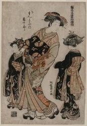La cortesana Kichijuro de Kage Manjiya con dos Kamuro (de la serie Modelos para modas: Nuevos diseños tan frescos como hojas jóvenes)