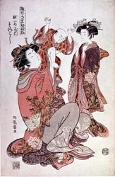 La cortesana Morokoshi de Echizan con un niño y un asistente, c.1775 (grabado en madera en color)