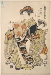 La cortesana Sugatami del burdel Tsuruya, de la serie «Un libro de patrones de los primeros diseños del año, frescos como hierbas primaverales» («Hinagata wakana no hatsu moyō»)