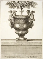 Urnas de bronce usadas para árboles cítricos, ilustración de 
