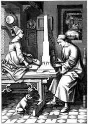 Músico alemán ejecutando una pieza de música en un órgano portátil, siglo XV, 1870