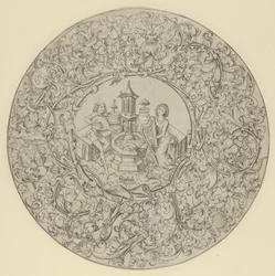 Jardín del amor, dentro de un gran marco circular ornamentado