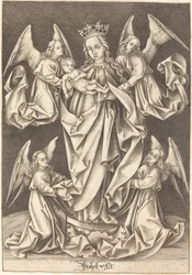La Madonna y el Niño en la Media Luna Sostenidos por Cuatro Ángeles