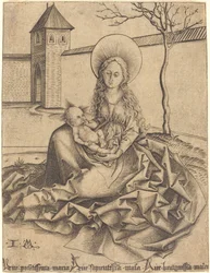 Virgen y niño en un patio