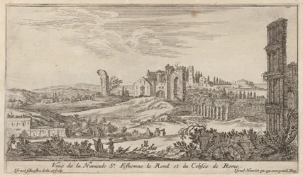 Vista de la Navicule St. Estienne le Rond y del Coliseo de Roma