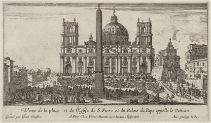 Vista de la plaza y la iglesia de San Pedro y el Palacio del Papa llamado el Vaticano