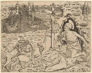 San Jerónimo en Penitencia, con Dos Barcos en un Puerto