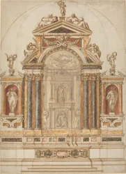 Un altar elaborado de mármol coloreado ornamentado con esculturas