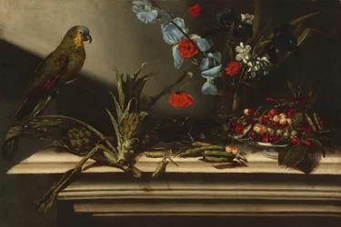 Naturaleza muerta con alcachofas y un loro