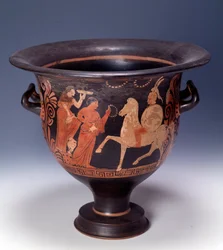 Crátera de Cumas que representa una escena de ofrenda (terracota, 320-310 a.C.)
