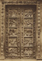 Firenze / Florencia: Baptisterio, la puerta principal, Lorenzo Ghiberti (fotografía en B/N)