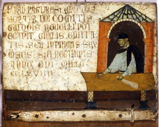 Un camarlengo, representando el pago de impuestos. Biccherna (cubierta del registro contable de la ciudad de Siena) de 1270. Archivo Estatal, Museo delle Tavolette di Biccherna, Siena.