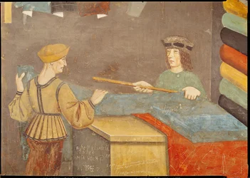 Un comerciante de telas midiendo telas (fresco)