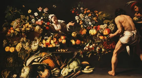 Una despensa con verduras, flores y frutas