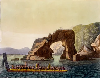 Un punto de observación fortificado maorí en Nueva Zelanda, combinado con una canoa de guerra maorí, 1820s-30s (aguafuerte coloreado a mano)