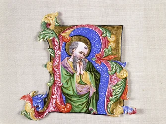 Un santo orante, una gran inicial historiada R, c.1400