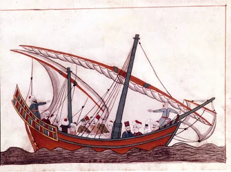 Un barco turco. Miniatura de "Memorias turcas" (códice Cicogna 1971 "Memorie Turchesche") Acuarela de la escuela veneciana del siglo XVII.