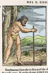 Un hombre nativo encendiendo un fuego frotando dos piezas de madera. Grabado de “Navigationi and Viaggi” de Giovanni Battista Ramusio (1485-1557), vol. III, Venecia 1565