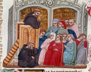 Un predicador dirigiéndose a una multitud de fieles. Miniatura del “Decret de Gratien” (Concordia discordantium canonum o Decretum Gratiani) que data de 1140 y regula las leyes y cánones de la Iglesia Católica Romana. Siglo XIV Siena, Biblioteca
