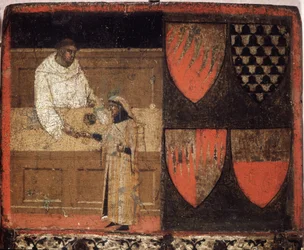Un recaudador de impuestos y un contribuyente, Biccherna (cubierta del registro contable de la ciudad de Siena) de 1340. Archivo Nacional - Museo delle Tavolette di Biccherna, Siena.