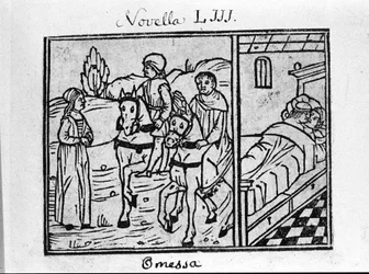 Una mujer se encuentra con dos jinetes y tiene una pareja en una habitación. Ilustración para la noticia 53 (Noticia 3 del sexto día) del “Decamerón” de Giovanni Boccaccio (1313-1375), escritor italiano. Grabado en “Decamerone ouer Cento nouelle” Venecia.