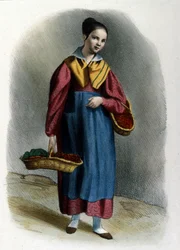 Una joven vendedora ambulante de fresas. Grabado milanés de Locarno de 1830.