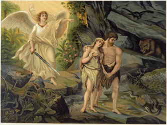 Adán y Eva expulsados del Paraíso terrenal (Edén) por el Arcángel - en "Aurea Bibbia classica: historia de la revelación divina en el antiguo y nuevo testamento" de Giovanni Ladislao Sykora (vol. 1), traducido por Don Clemente Benetti. (Biblia italiana)