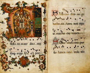 Add.30014 ff.124v-125 La Virgen con ángeles, del "Libro de himnos del monasterio de San Salvador, Siena