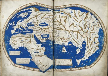 Añadir 15760 f.68v-69 Mapa del mundo, de "Insularium Illustratum", de Enrico Martello, siendo una relación de las islas, principalmente del Mediterráneo, con planos coloreados, italiano, c.1470 (vitela)