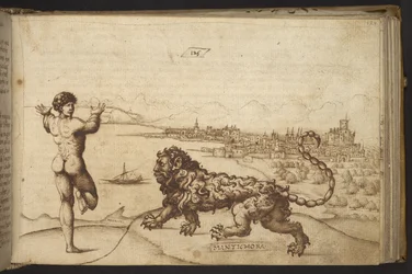 Agregar. 82955, f.124 Figura humana y una criatura (