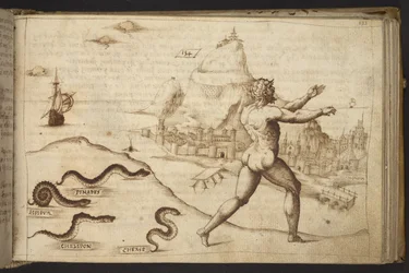 Agregar. 82955, f.133   Serpientes persiguiendo una figura humana.  , de Historia Animalium, (que consta de 245 dibujos a pluma y tinta de diferentes especies de animales y criaturas míticas, cada uno acompañado de una descripción).    1595