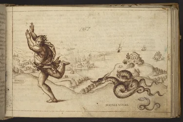Agregar. 82955, f.134 Figura humana perseguida por serpientes., de Historia Animalium