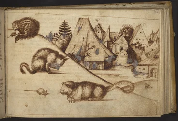 Agregar. 82955, f.182 Gatos cazando ratones (