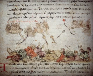 Representación alegórica de la peste negra en Europa en 1347-48, de "Croniche del Sercambi", c.1400 (pluma y tinta sobre vitela)