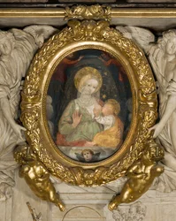 Altar de San Eusebio, Fresco Nuestra Señora de la Paz Siglo XV, Insertado en el marco con Ángeles en 1622