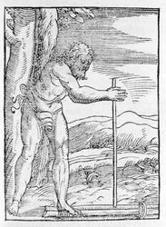 Un indio taíno encendiendo un fuego frotando dos piezas de madera. Grabado de “Navigationi y Viaggi” de Giovanni Battista Ramusio (1485-1557), vol. III, Venecia 1565.