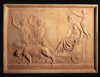 Panel de relieve de terracota italiana que representa el Triunfo de Ariadna, mostrado en el carro tirado por panteras de Baco con Sileno y Pan observando, c.1870